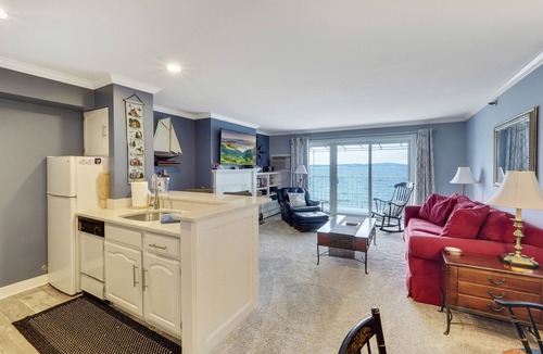 Boyne City Condo | 210 Water Street | Lake Charlevoix Beachfront + Patio | Fireplace