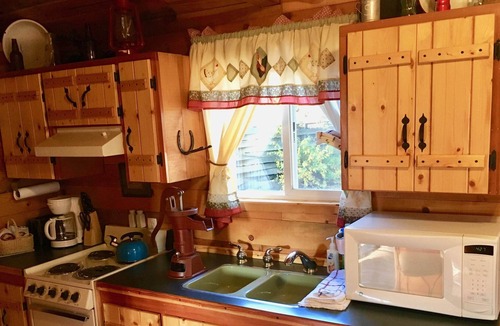 Coeur d'Alene Cabin | Cowboy Cabin - porch, queen bed, old-fashioned water pump in kitchen