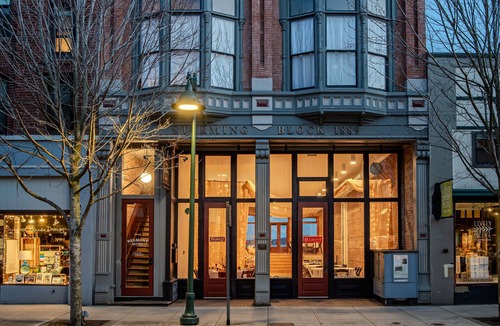 Port Townsend Apartment | Historic Town View Room with bay window overlooking Water Street