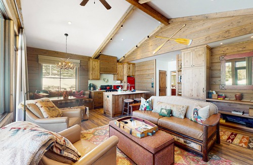 Sun Valley House | Riverside cabin with mountain views, fireplace, covered patio, firepit, & W/D