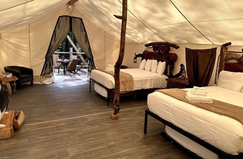 Forks RV Rental | Spacious and Pet Friendly Safari Tent on a Glamping Resort in the Pacific Northwest, WA