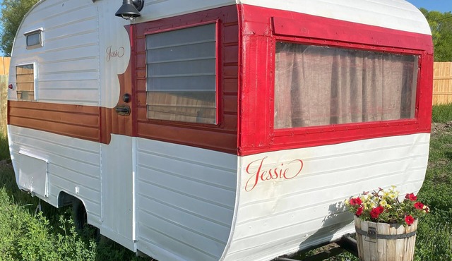 1959 Vintage Trailer located on a quiet farm in southern Idaho along I15.