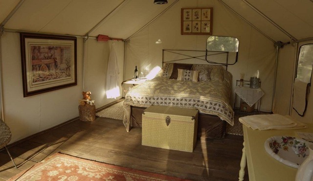 Glamp in a Wall Tent furnished w/a Double and Twin beds at Norwegian Wood Ranch