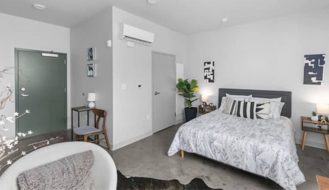 Modern loft with rooftop deck, fitness center, and private parking.