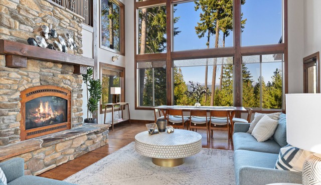 Mountain-view house with hot tub, chef's kitchen, fireplace, and home office